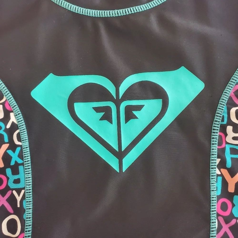 K1015 * Roxy Girls Short Sleeve Rash Guard Black Teal Size Unknown